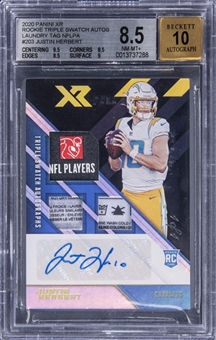 2020 Panini XR Rookie Triple Swatch Autographs Laundry Tag NFLPA #203 Justin Herbert Signed Laundry Tag Triple Patch Rookie Card (#1/1) - BGS NM-MT+ 8.5/BGS 10